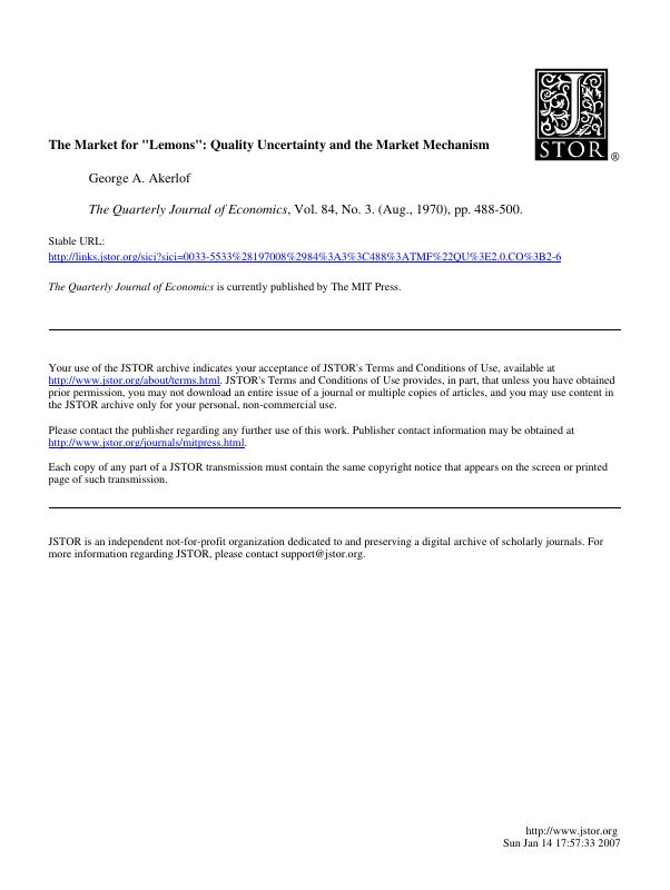 The Market for "Lemons": Quality Uncertainty and the Market Mechanism