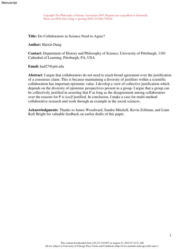 Do Collaborators in Science Need to Agree?
