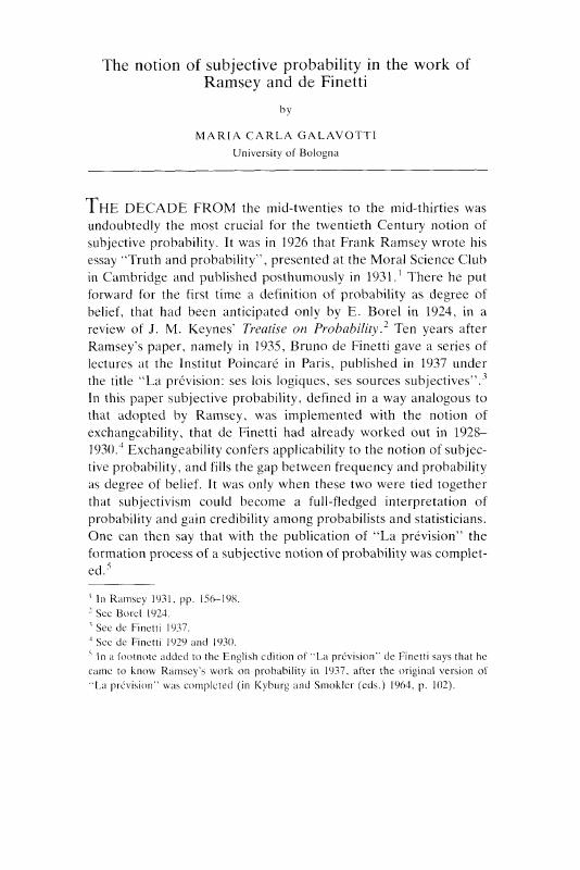 The notion of subjective probability in the work of Ramsey and de Finetti