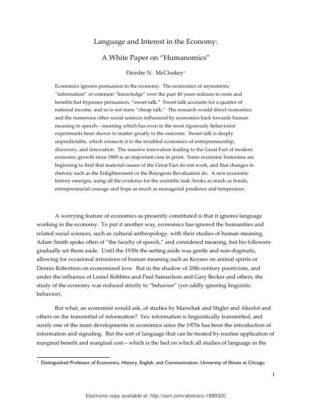 Language and Interest in the Economy: A White Paper on 'Humanomics'