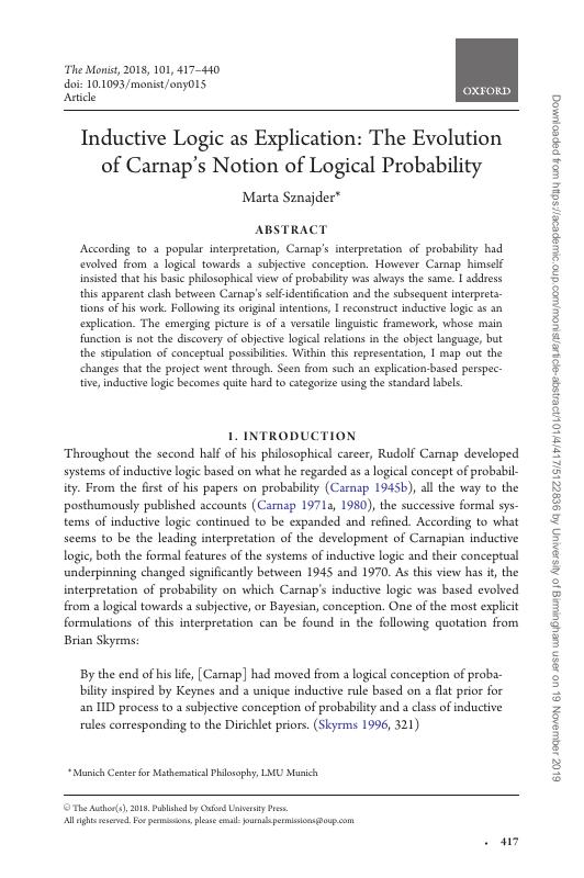 Inductive Logic as Explication: The Evolution of Carnap’s Notion of Logical Probability