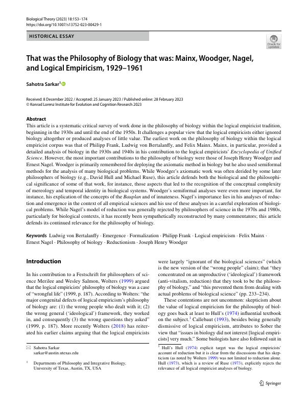 That was the Philosophy of Biology that was: Mainx, Woodger, Nagel, and Logical Empiricism, 1929–1961