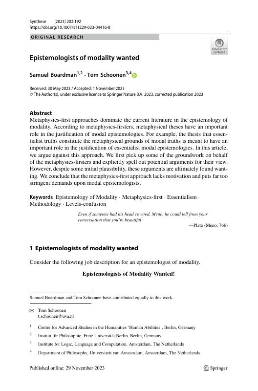 Epistemologists of modality wanted