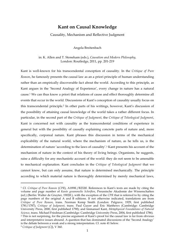 Kant on Causal Knowledge: Causality, Mechanism and Reflective Judgment