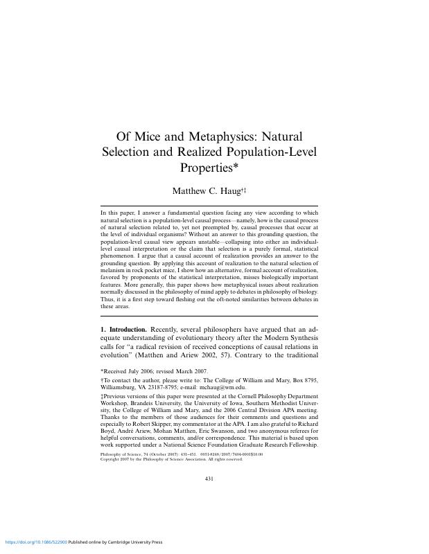 Of Mice and Metaphysics: Natural Selection and Realized Population-Level Properties