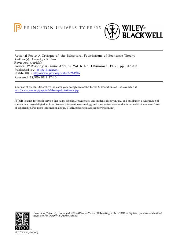 Rational Fools: A Critique of the Behavioral Foundations of Economic Theory